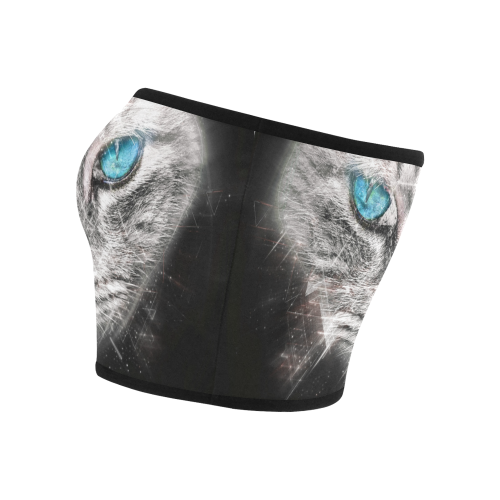 Silver Abstract Cat Face with blue Eyes Bandeau Top