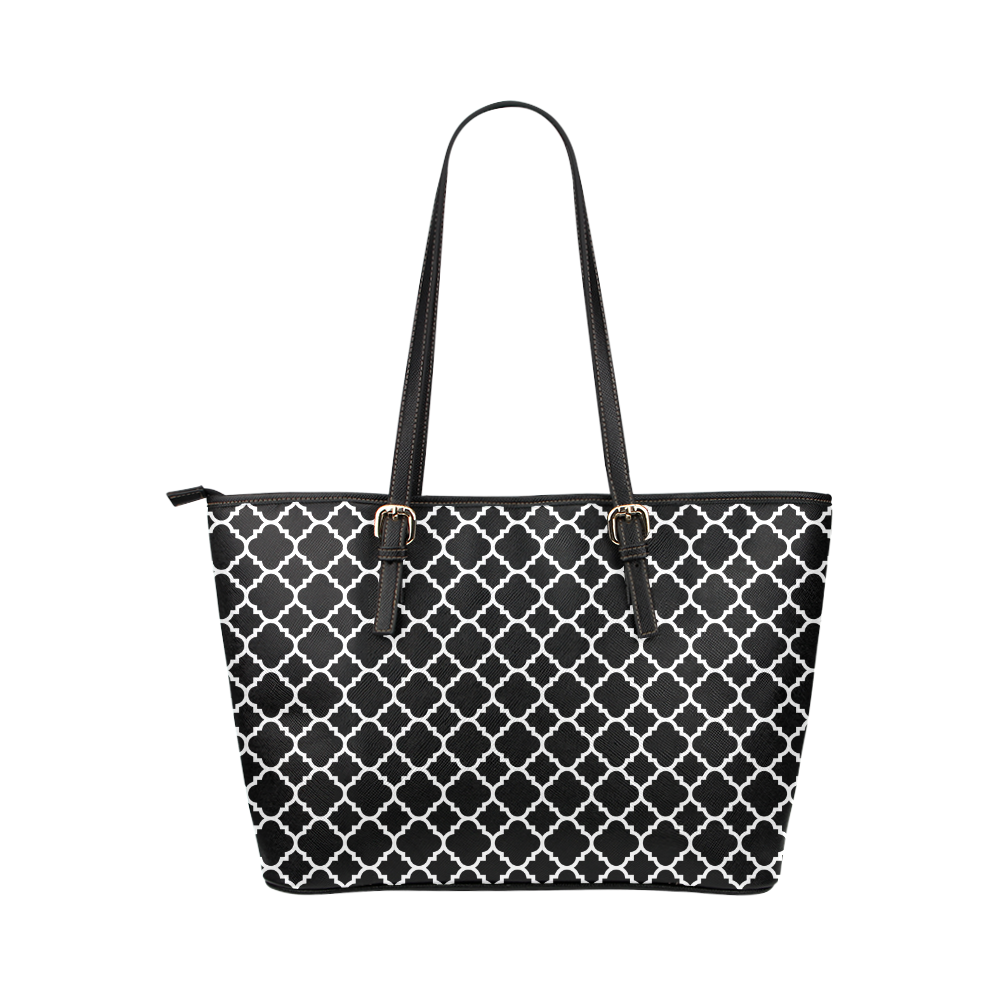 black white quatrefoil classic pattern Leather Tote Bag/Large (Model 1651)