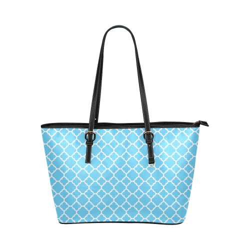 bright blue white quatrefoil classic pattern Leather Tote Bag/Large (Model 1651)