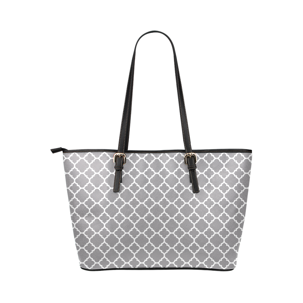 grey white quatrefoil classic pattern Leather Tote Bag/Large (Model 1651)