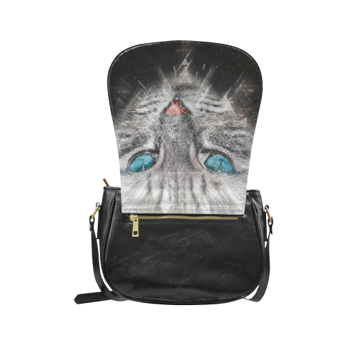 Silver Abstract Cat Face with blue Eyes Classic Saddle Bag/Small (Model 1648)