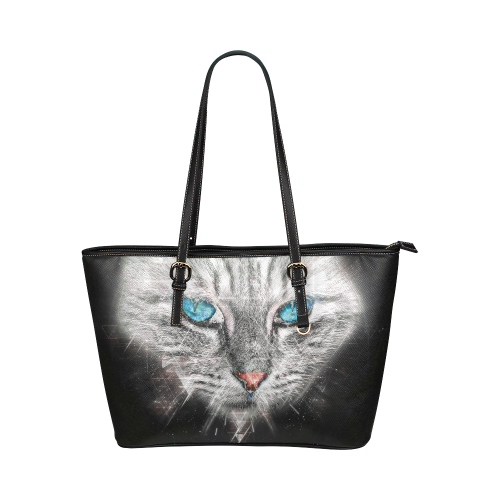 Silver Abstract Cat Face with blue Eyes Leather Tote Bag/Small (Model 1651)