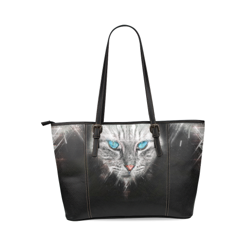 Silver Abstract Cat Face with blue Eyes Leather Tote Bag/Small (Model 1640)