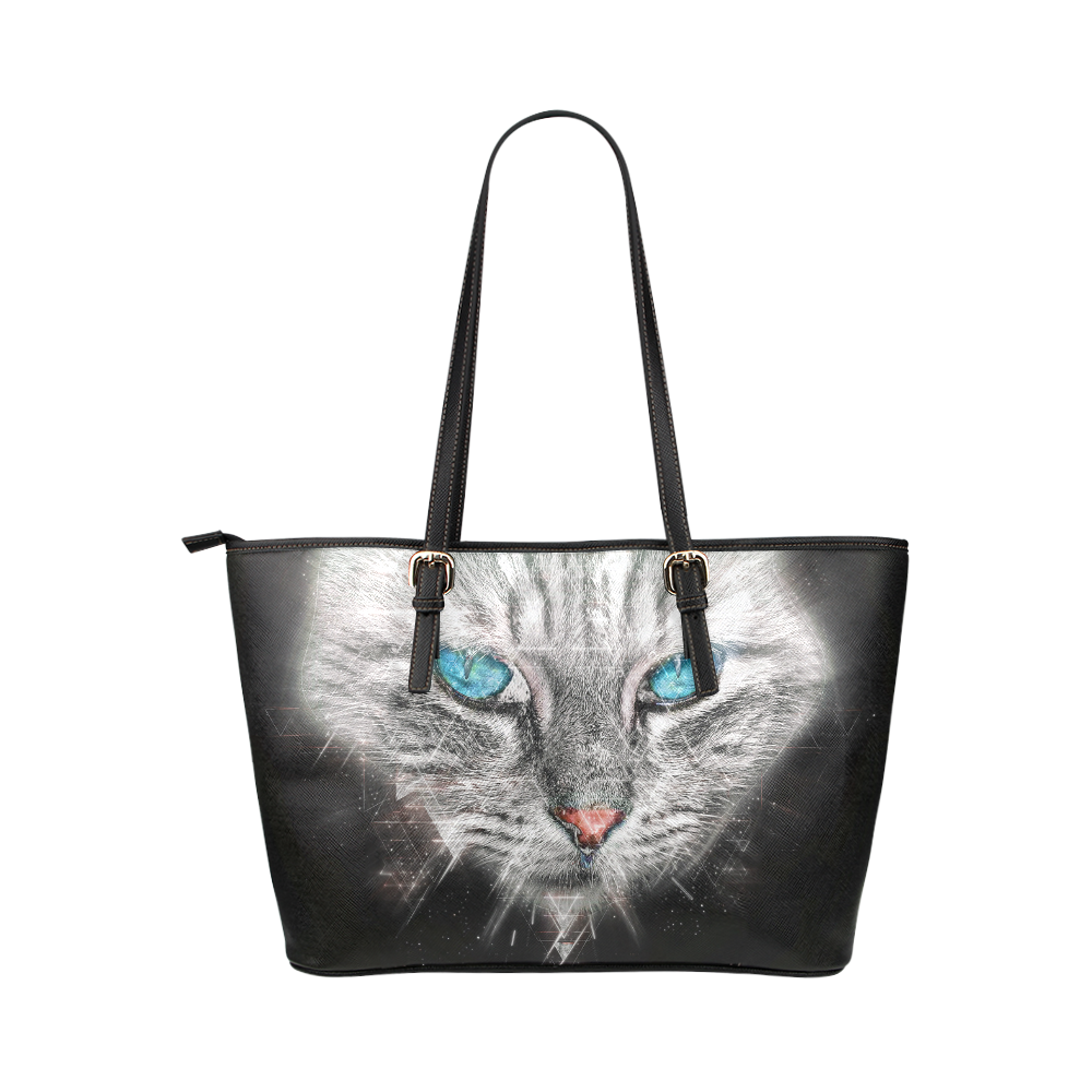 Silver Abstract Cat Face with blue Eyes Leather Tote Bag/Large (Model 1651)