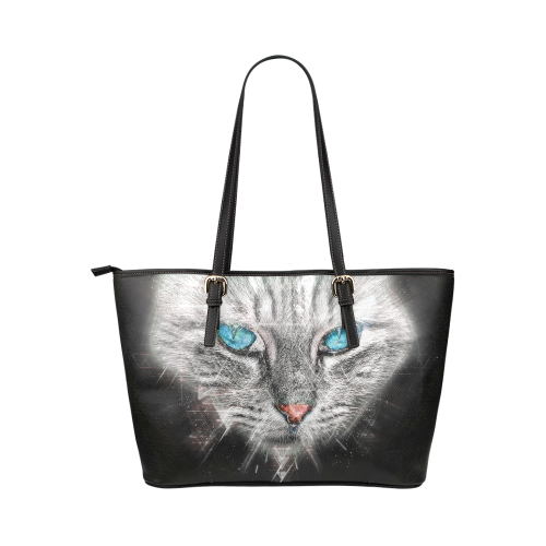 Silver Abstract Cat Face with blue Eyes Leather Tote Bag/Large (Model 1651)