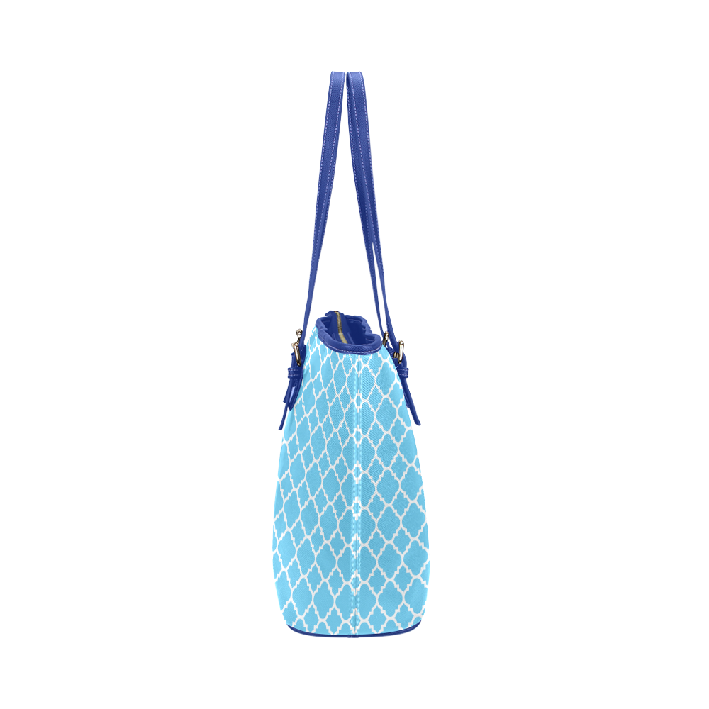 bright blue white quatrefoil classic pattern Leather Tote Bag/Small (Model 1651)