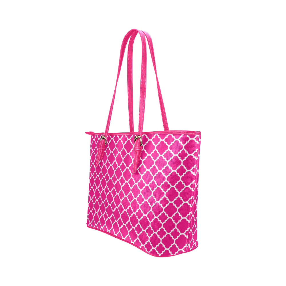 hot pink white quatrefoil classic pattern Leather Tote Bag/Large (Model ...