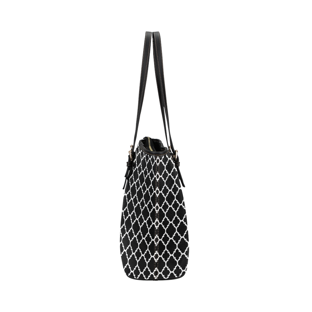 black white quatrefoil classic pattern Leather Tote Bag/Large (Model 1651)