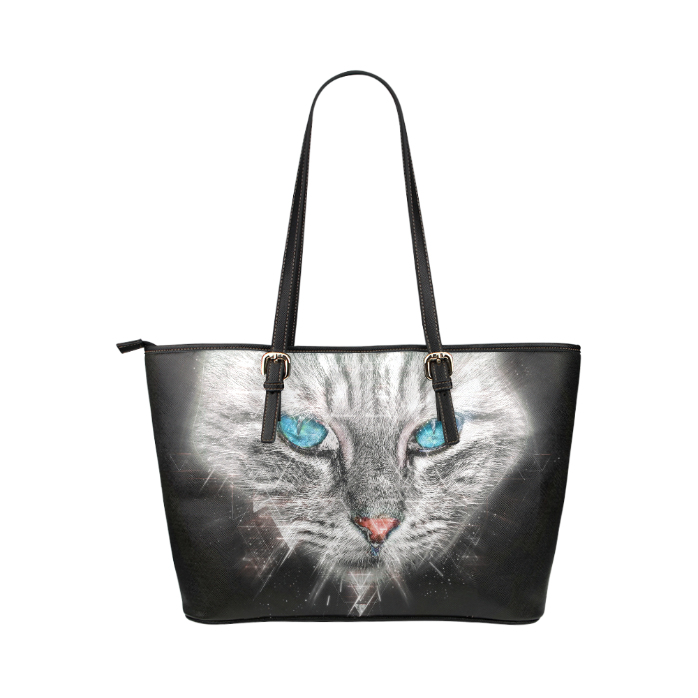 Silver Abstract Cat Face with blue Eyes Leather Tote Bag/Small (Model 1651)