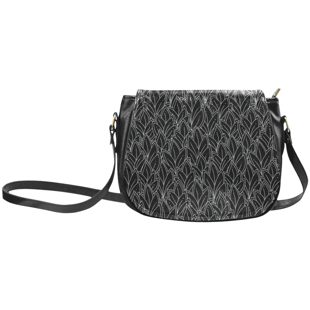 doodle leaf pattern black & white Classic Saddle Bag/Large (Model 1648)
