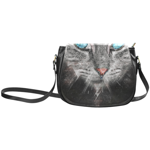 Silver Abstract Cat Face with blue Eyes Classic Saddle Bag/Small (Model 1648)