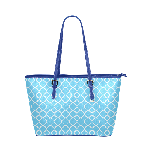 bright blue white quatrefoil classic pattern Leather Tote Bag/Small (Model 1651)
