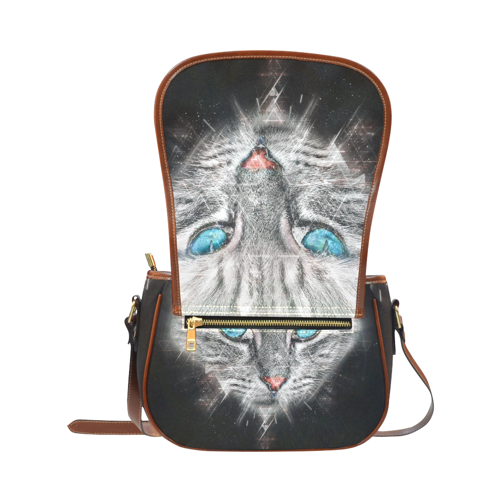 Silver Abstract Cat Face with blue Eyes Saddle Bag/Small (Model 1649) Full Customization