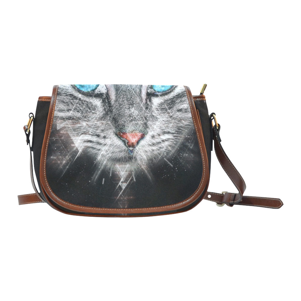 Silver Abstract Cat Face with blue Eyes Saddle Bag/Large (Model 1649)