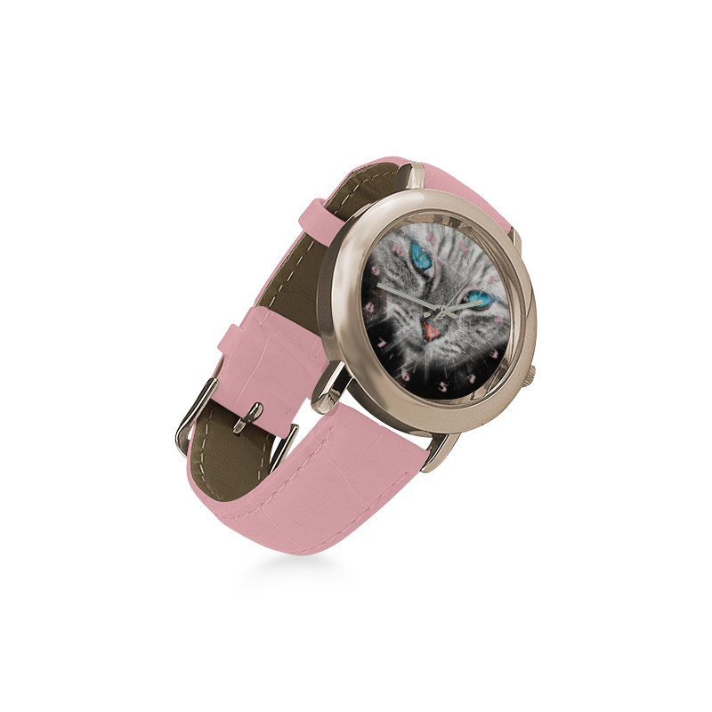 Silver Abstract Cat Face with blue Eyes Women's Rose Gold Leather Strap Watch(Model 201)