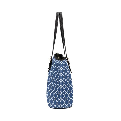 dark blue white quatrefoil classic pattern Leather Tote Bag/Large (Model 1651)