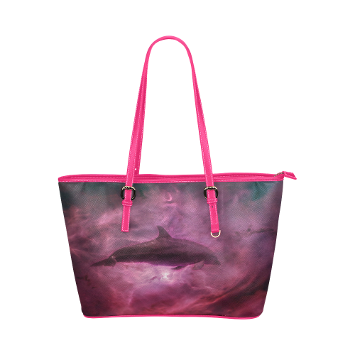 Dolphin in pink waters Leather Tote Bag/Small (Model 1651)