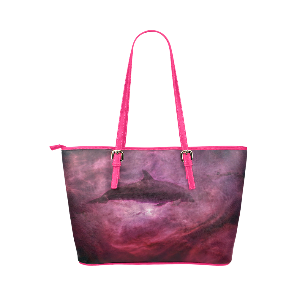 Dolphin in pink waters Leather Tote Bag/Large (Model 1651)