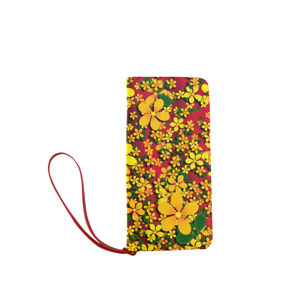 Pretty Orange & Yellow Flowers on Red Women's Clutch Wallet (Model 1637)