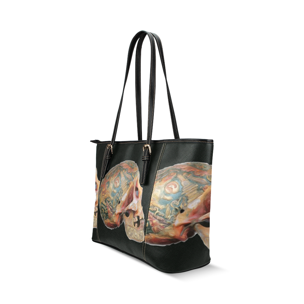 Colored Human Skull Leather Tote Bag/Small (Model 1640)