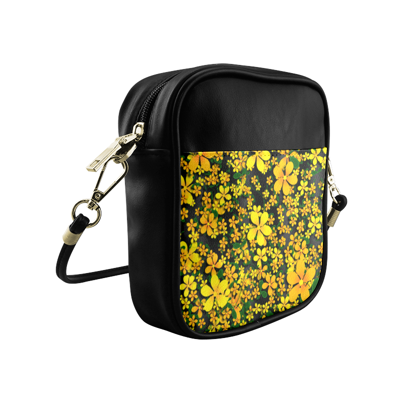 Pretty Orange & Yellow Flowers on Black Sling Bag (Model 1627)