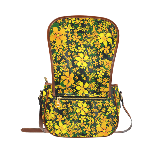 Pretty Orange & Yellow Flowers on Black Saddle Bag/Large (Model 1649)