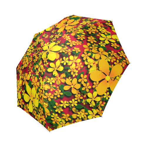 Pretty Orange & Yellow Flowers on Red Foldable Umbrella (Model U01)