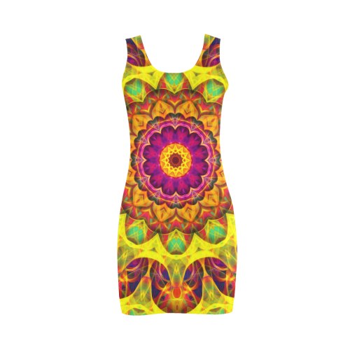Bright yellow, pink, orange green hippie mandala Medea Vest Dress (Model D06)
