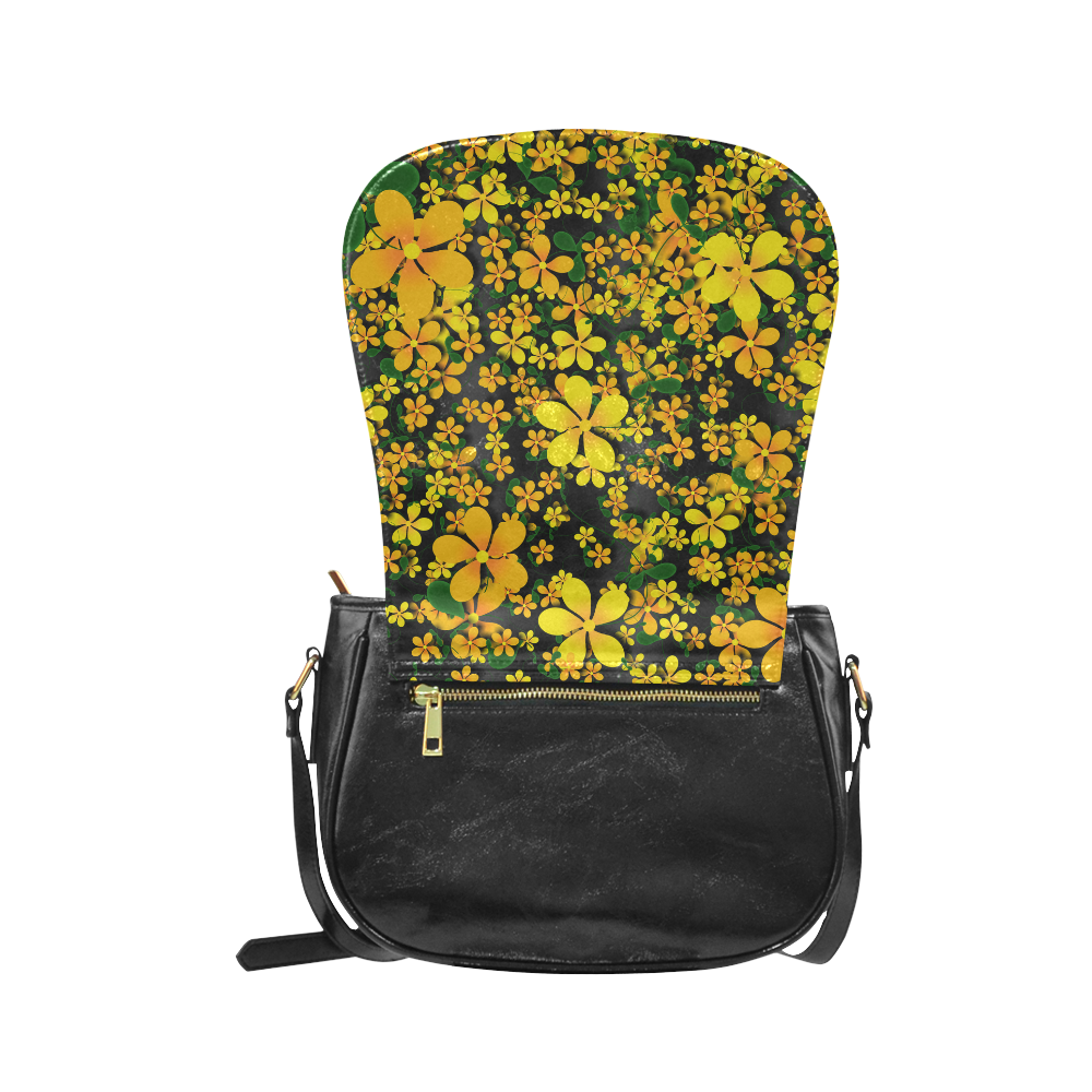 Pretty Orange & Yellow Flowers on Black Classic Saddle Bag/Large (Model 1648)