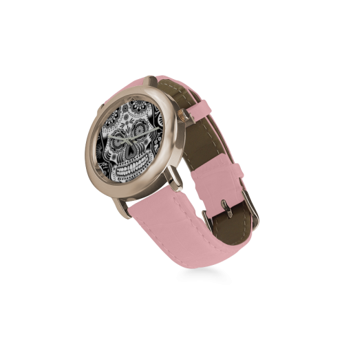 sugar skull Women's Rose Gold Leather Strap Watch(Model 201)