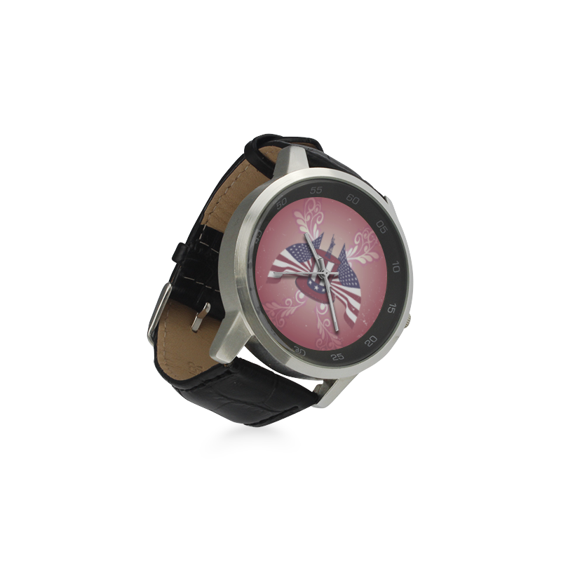 USA flag and hat Unisex Stainless Steel Leather Strap Watch(Model 202)