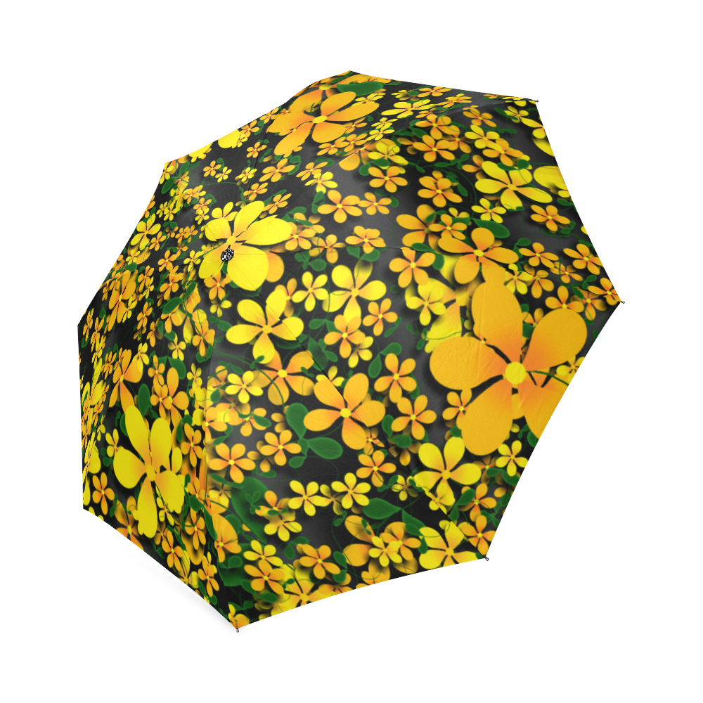 Pretty Orange & Yellow Flowers on Black Foldable Umbrella (Model U01)