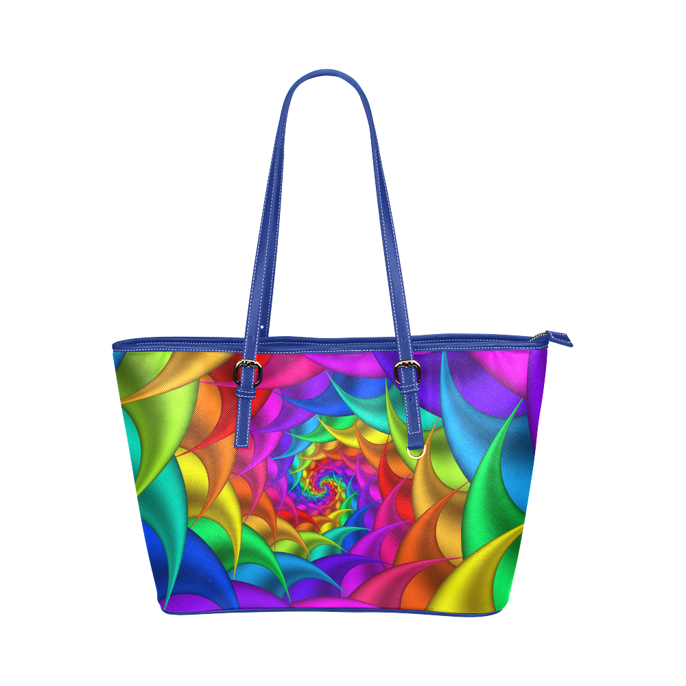 Psychedelic Rainbow Spiral Leather Tote Bag/Small (Model 1651)