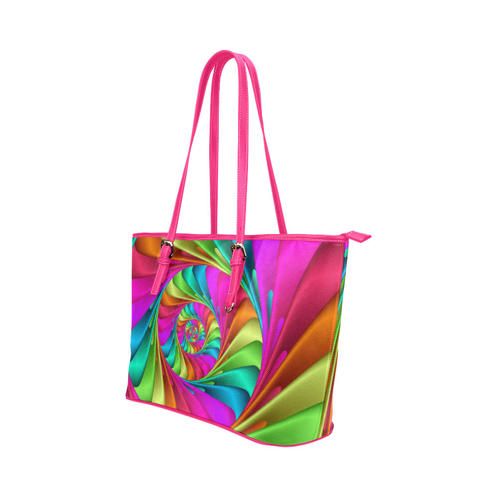 Psychedelic Rainbow Spiral Leather Tote Bag/Large (Model 1651)