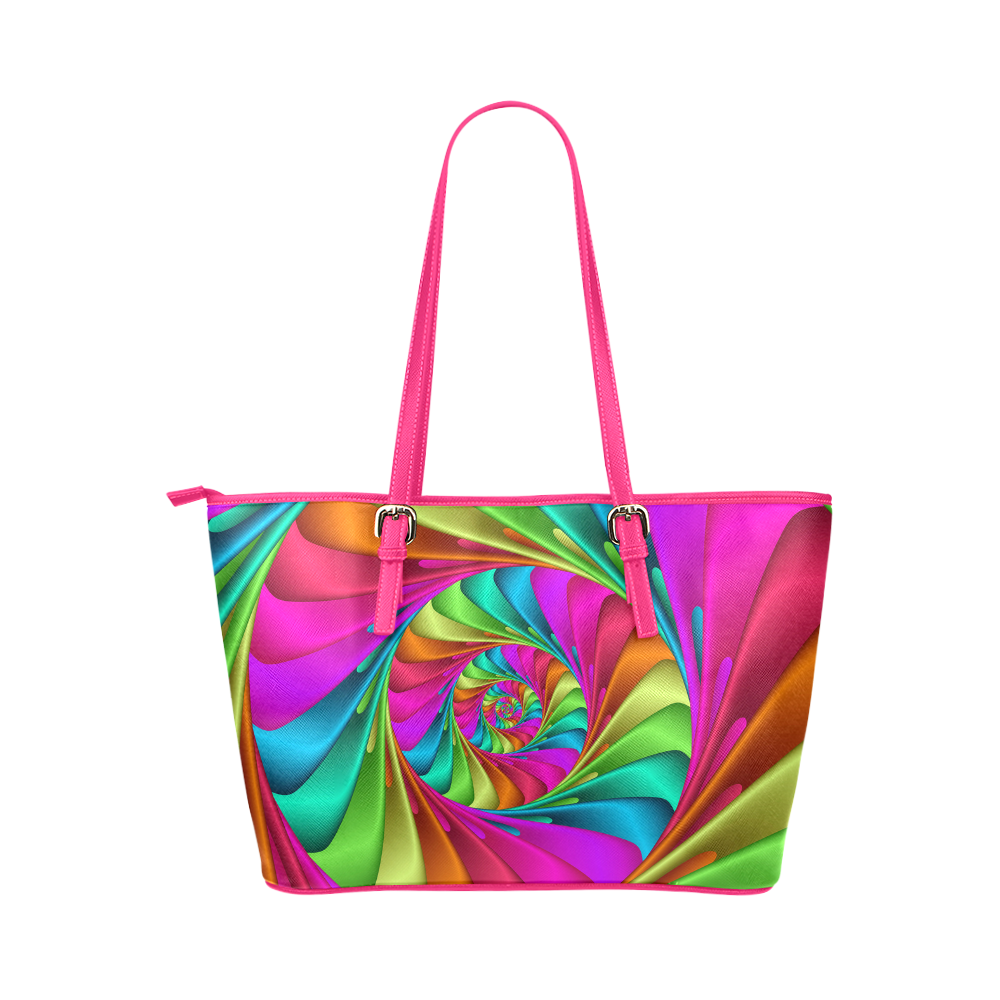 Psychedelic Rainbow Spiral Leather Tote Bag/Large (Model 1651)