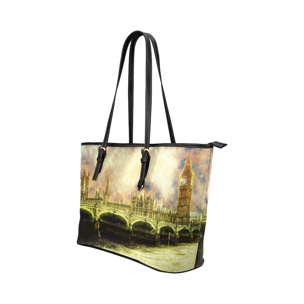 Abstract Golden Westminster Bridge in London Leather Tote Bag/Small (Model 1651)
