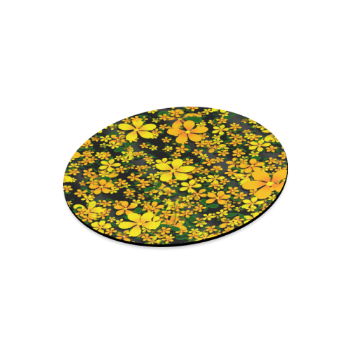 Pretty Orange & Yellow Flowers on Black Round Mousepad