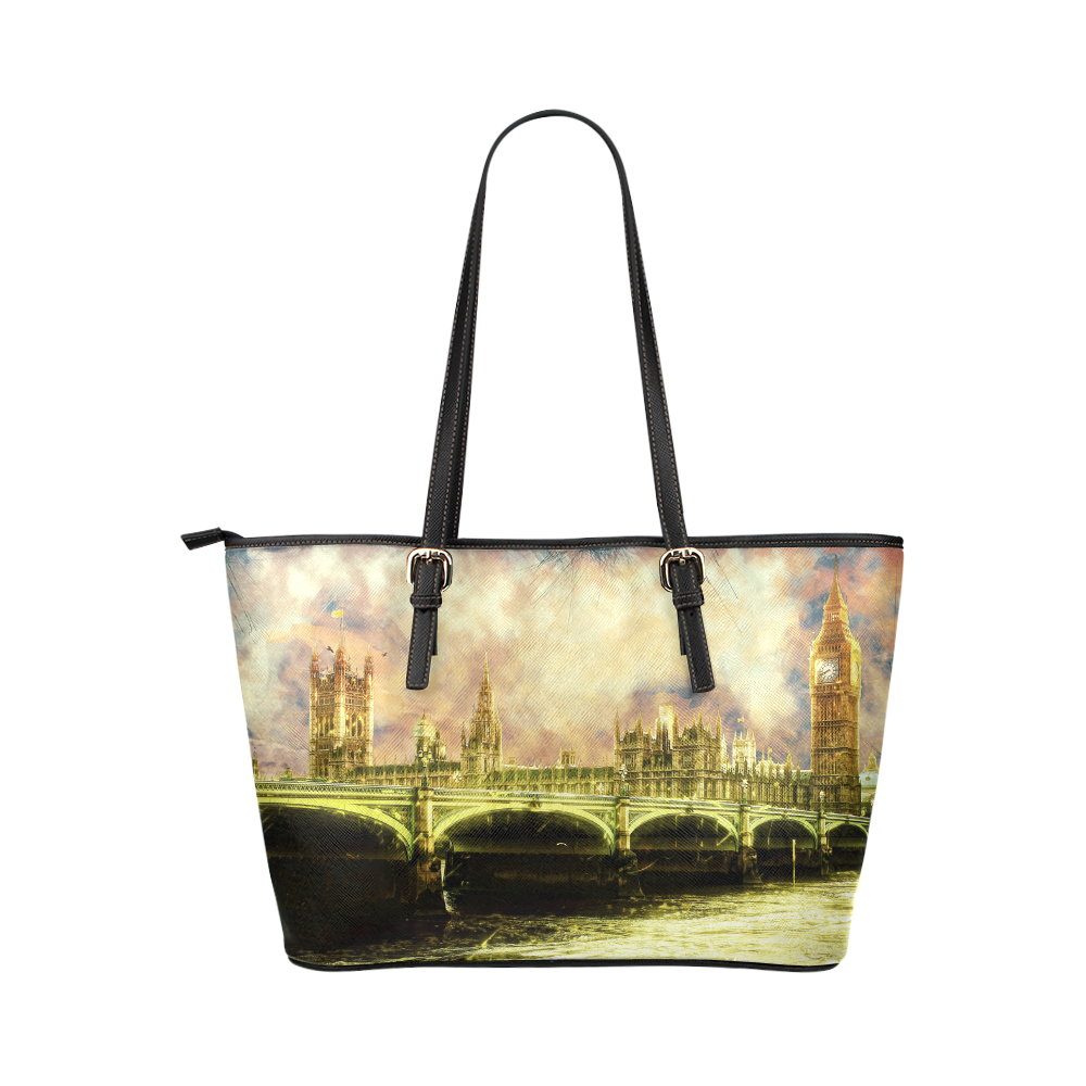 Abstract Golden Westminster Bridge in London Leather Tote Bag/Large (Model 1651)