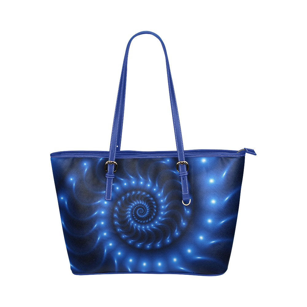 Glossy Blue Fractal Spiral Leather Tote Bag/Small (Model 1651)