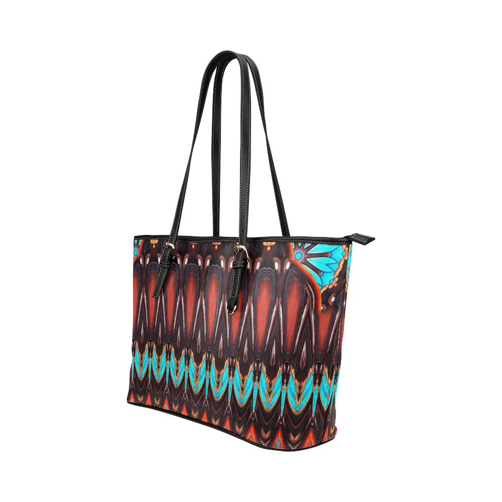 K172 Wood and Turquoise Abstract Leather Tote Bag/Large (Model 1651)