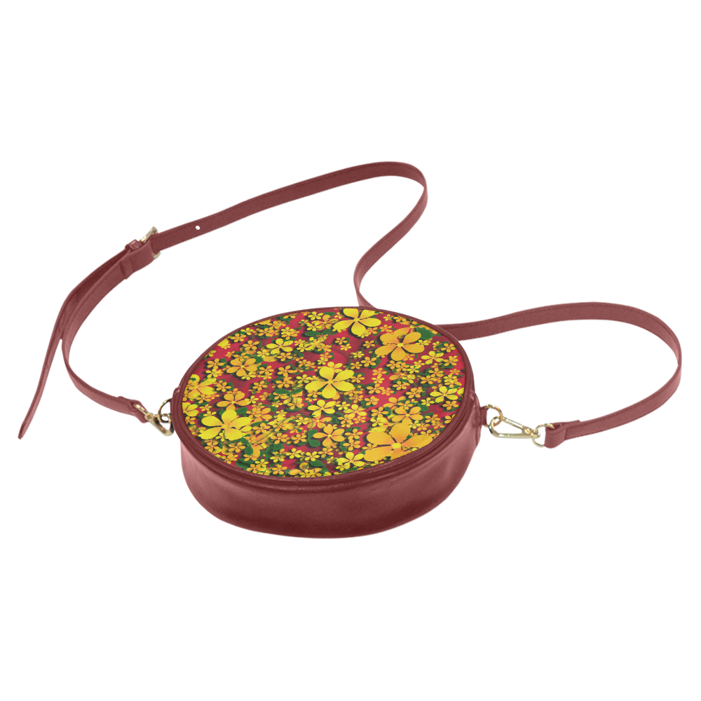 Pretty Orange & Yellow Flowers on Red Round Sling Bag (Model 1647)