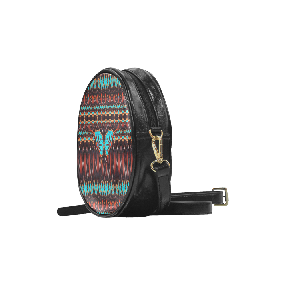 K172 Wood and Turquoise Abstract Pattern Round Sling Bag (Model 1647)