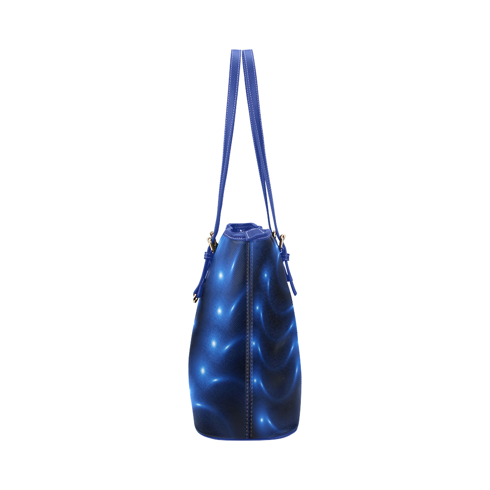 Glossy Blue Fractal Spiral Leather Tote Bag/Small (Model 1651)