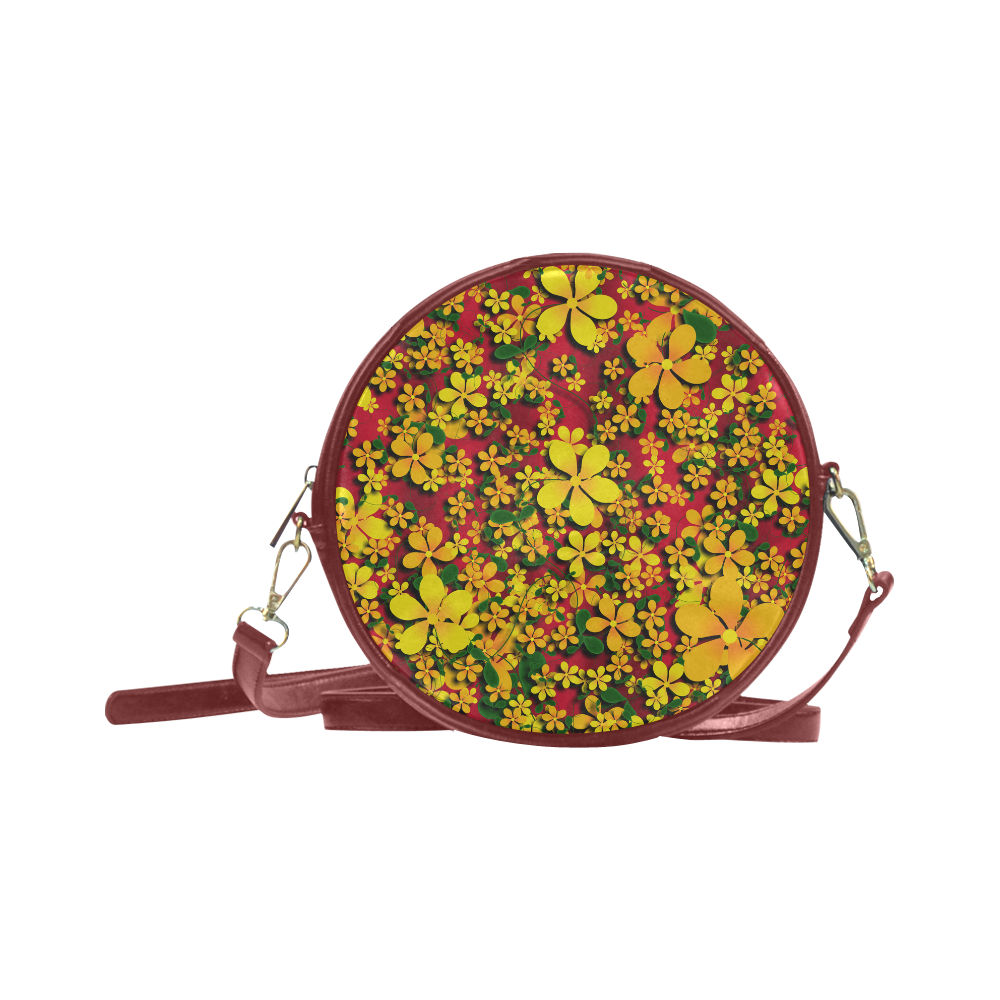 Pretty Orange & Yellow Flowers on Red Round Sling Bag (Model 1647)