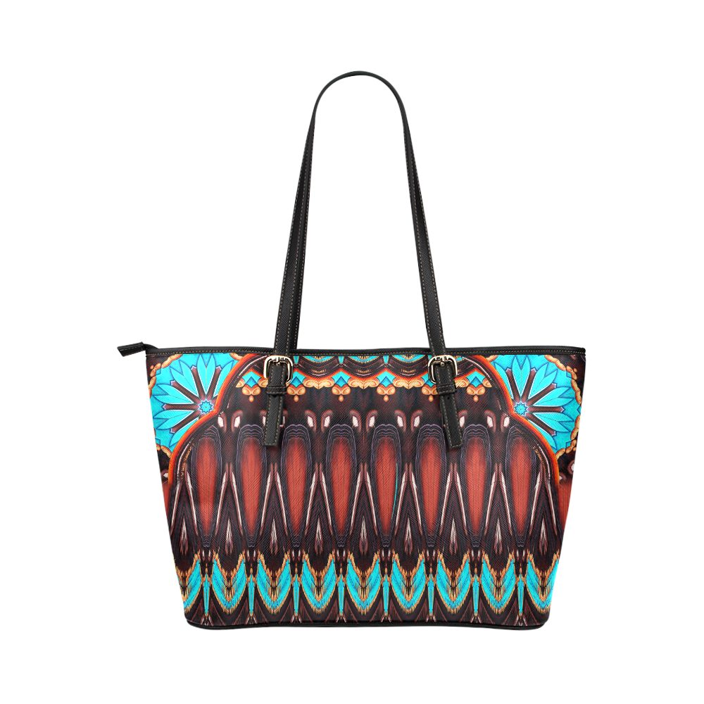 K172 Wood and Turquoise Abstract Leather Tote Bag/Small (Model 1651)
