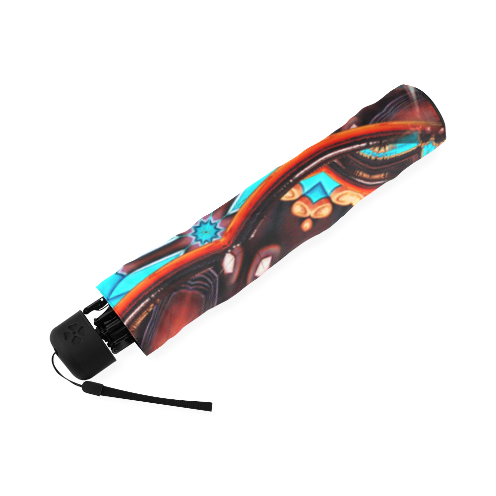 K172 Wood and Turquoise Abstract Foldable Umbrella (Model U01)