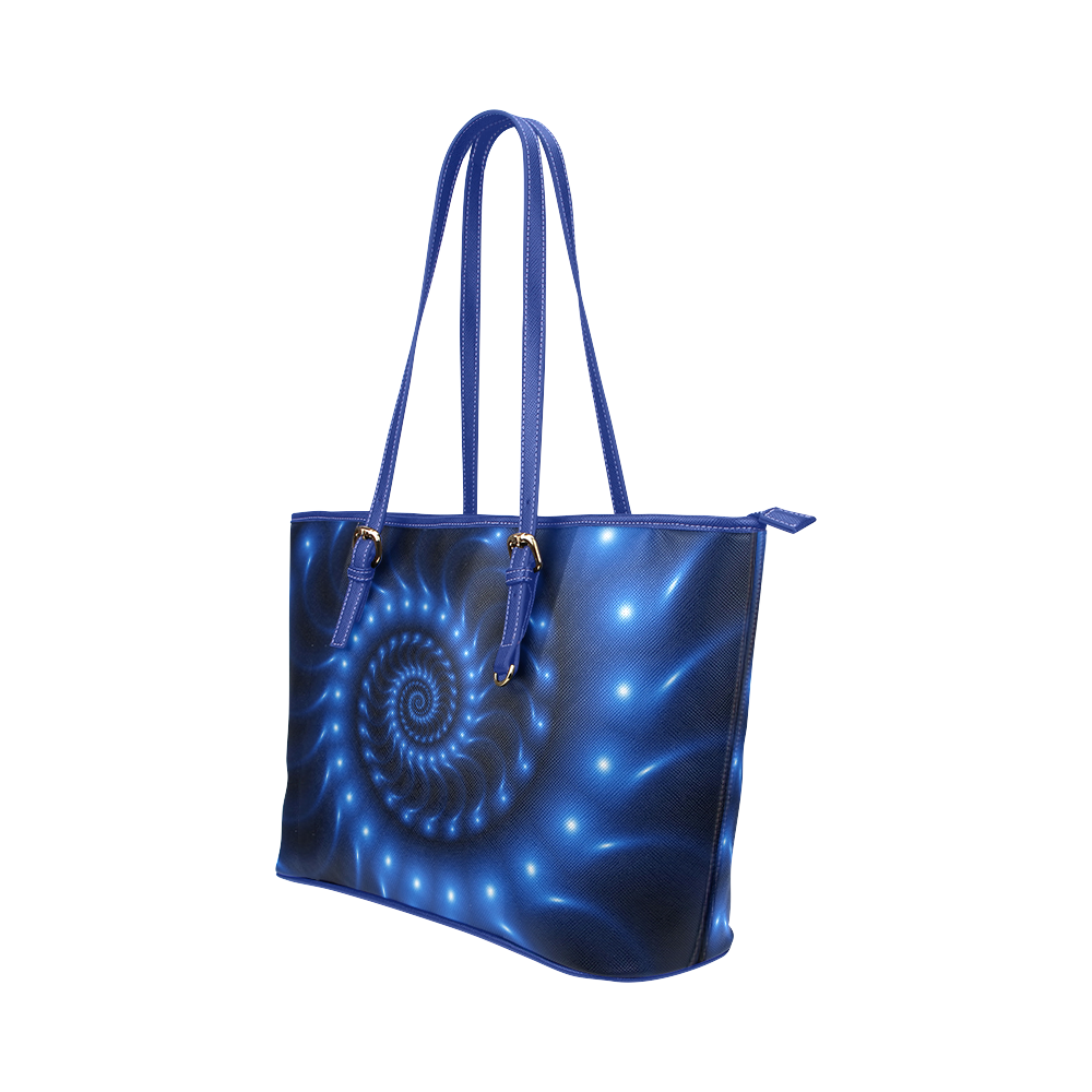 Glossy Blue Fractal Spiral Leather Tote Bag/Small (Model 1651)