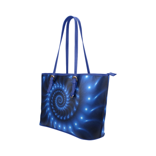Glossy Blue Fractal Spiral Leather Tote Bag/Small (Model 1651)