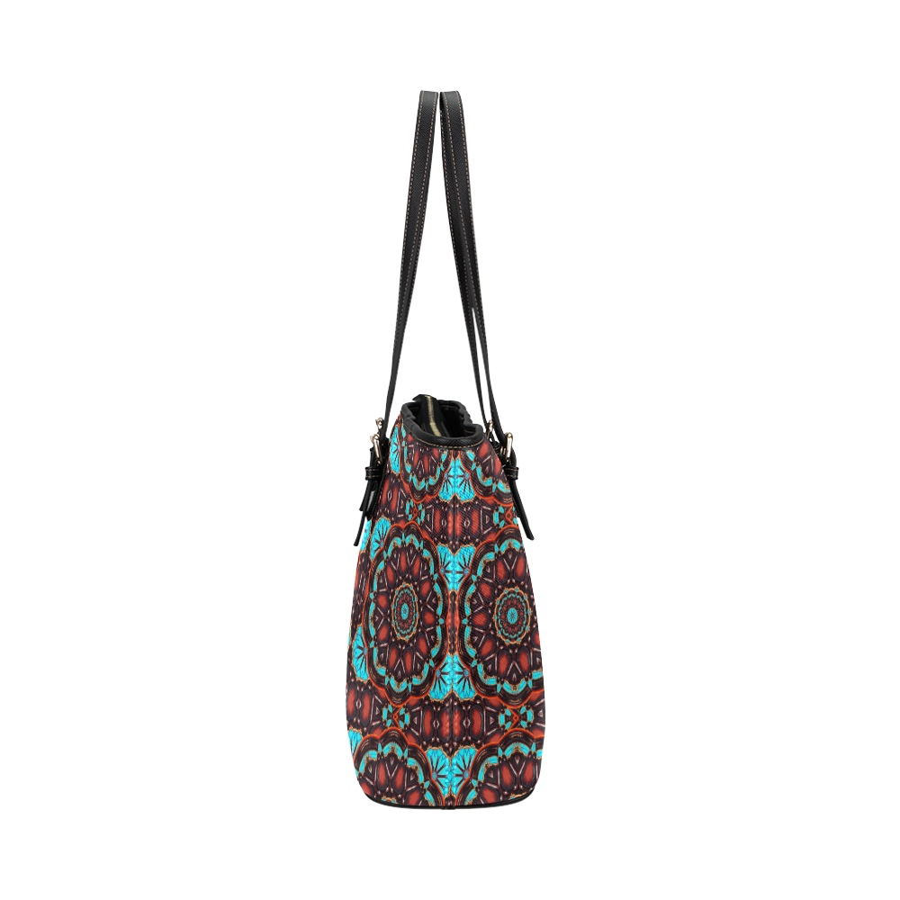 K172 Wood and Turquoise Abstract Pattern Leather Tote Bag/Large (Model 1651)