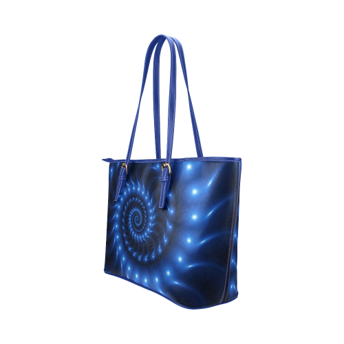 Glossy Blue Fractal Spiral Leather Tote Bag/Large (Model 1651)